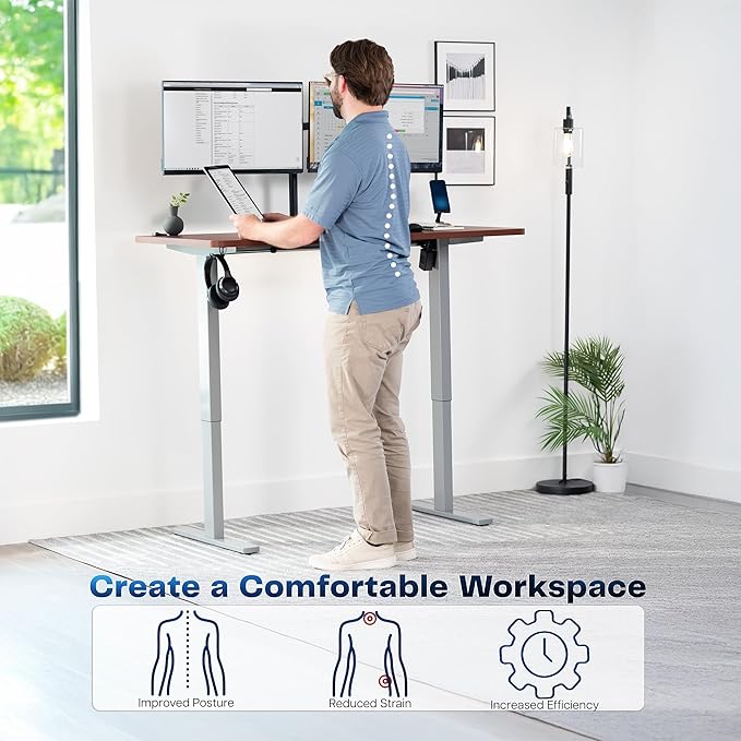 VIVO Electric 55 x 28 in Standing Desk, Memory Height Adjustment, 1B Series, Holds 220 lbs, One-Piece Dark Walnut Top, Gray Frame, DESK-KIT-1G55D