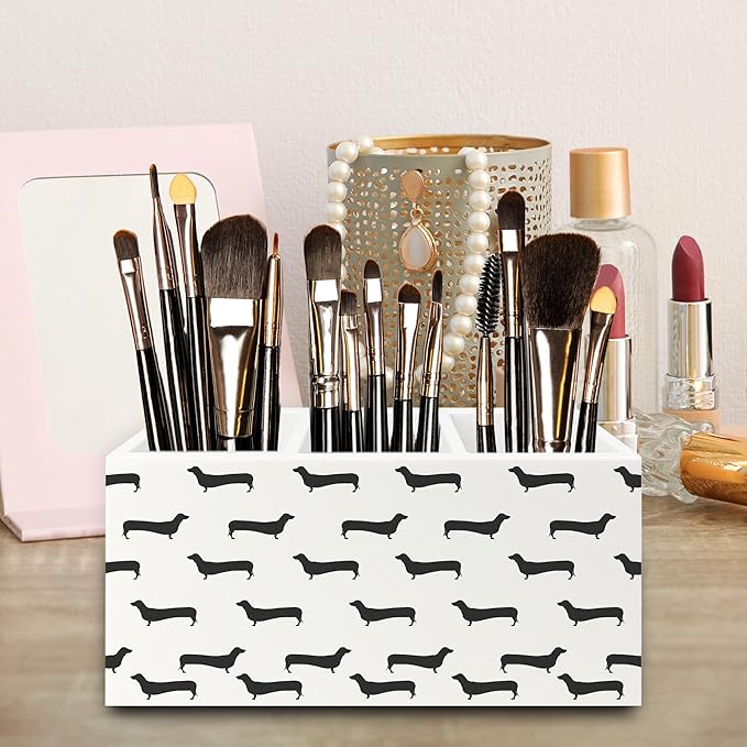 QZQE Black Dachshund Pen Pencil Holder Organizer for Desk, Weiner Dog Gifts Wooden Box Signs Decorations for Home Office Desk Tabletop, Dachshund Lovers Gifts for Women Men
