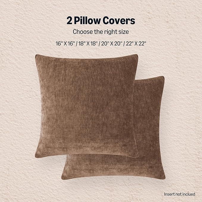 Amazon Basics Chenille Throw Pillow Covers, Home Decor Cushion Cover for Bedroom Living Room Couch Bed, 22" W × 22" L, Brown