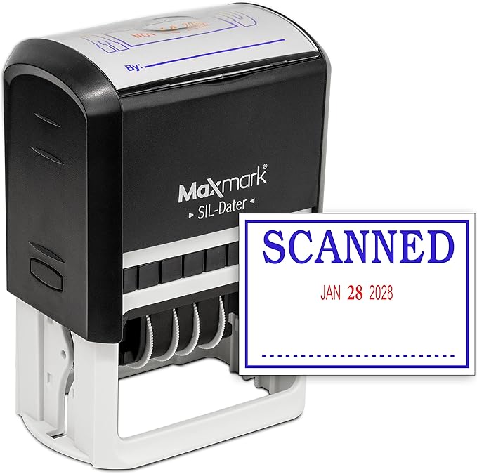 MaxMark Large Self-Inking Rubber Date Office Stamp with Scanned Phrase & Date - Blue/Red Ink, 12-Year Band - Style 3