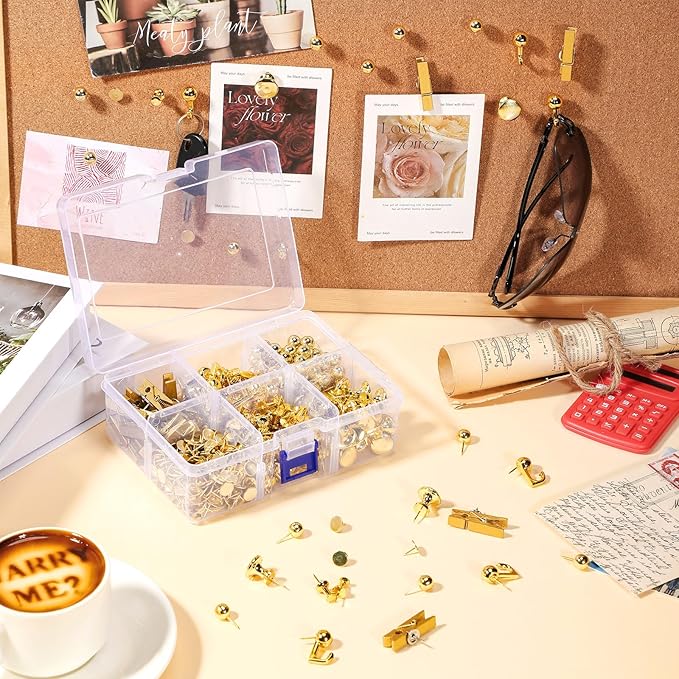 Sawysine 600 Pcs Decorative Push Pins, Gold Thumb Tacks 6 Types Cute Push Pin Clips for Bulletin Board Wall Cork Board Colorful Classroom Decor Teacher Must Haves Supplies School Crafts Project