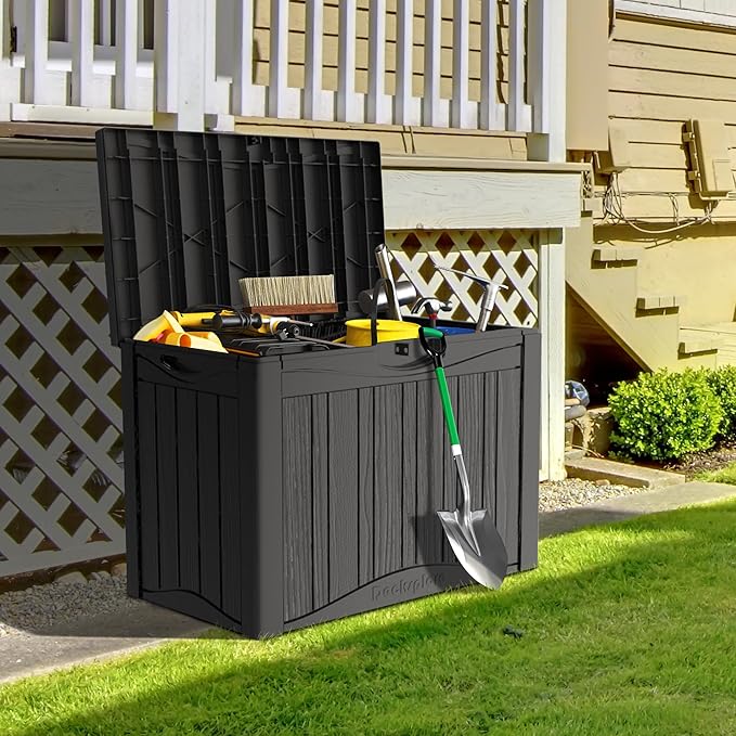 Yardgrace 50 Gallon Lockable Resin Outdoor Storage Box, Waterproof & Weather Resistant Deck Box for Patio Cushion, Garden Tools & Pool Accessories, Black