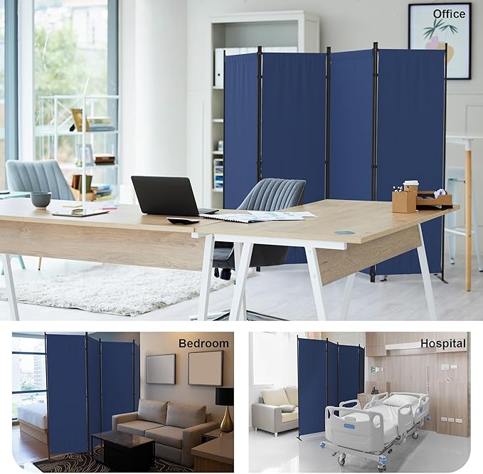 Kecreque Room Partitions and Dividers 4 Panel Portable Wall w/ 3 Wider Feet Folding Room Divider 6FT Privacy Wall Indoor as Dressing Screen for Apartment School Office Children's Separate Rooms,Blue