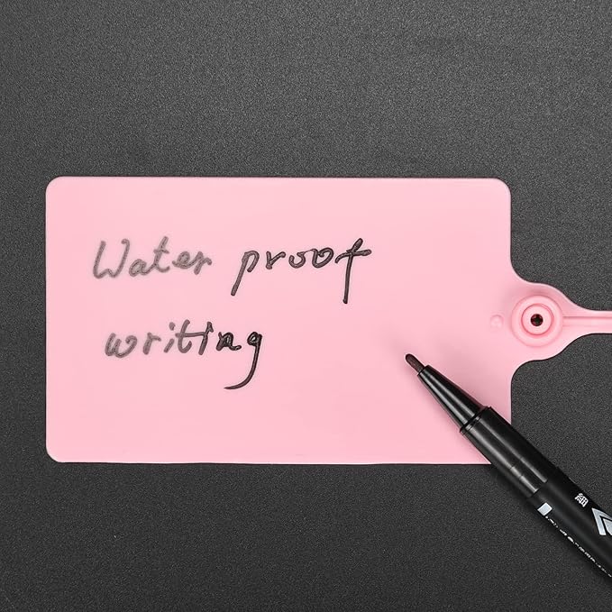 100 Plastic Shipping Tags - Waterproof, Writable, Hanging Tags with One Pink Marker Pen