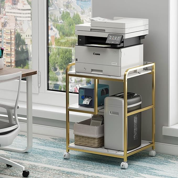 Fannova Large Printer Table Stand with Shelf for Computer Tower, CPU and Shredder, 22 x 18 Inch Rolling Printer Cart with Wheels for Home Office Storage and Organization - White Gold