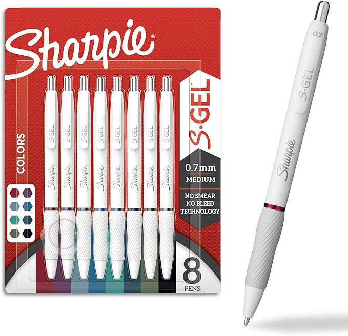 Sharpie S-Gel Pens Fashion Barrel Gel Pens Pearl White Body Medium (0.7mm) Point Bold Ink Colors 8 Count