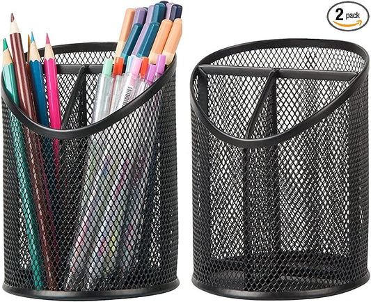 Delifox 2 Pack Pen Holder Mesh Round Pencil Holder Desktop Organizer 3 Compartments, Black