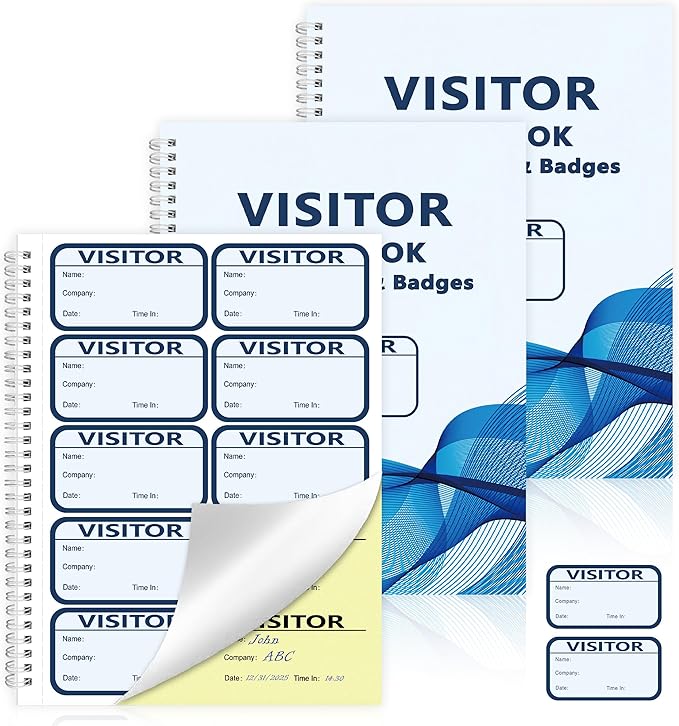 2 Pack of 300 Visitor Badges Registry Log with Carbon Copy Visitor Stickers Letter Size Visitor Log Book Extras Protecting Privacy Pages Spiral-Bound Self Visitor Badges Guest Register Book(2)