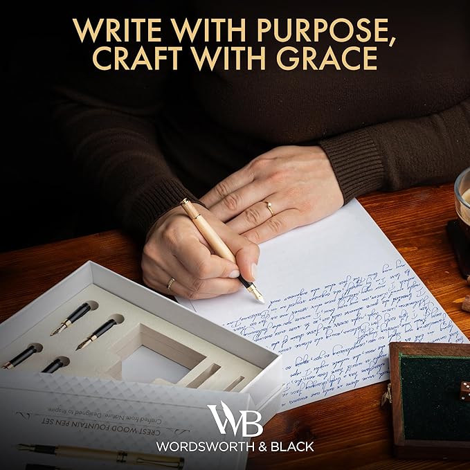Wordsworth & Black Fountain Pen Gift Set, Includes Ink Bottle, 6 Ink Cartridges, Ink Refill Converter, 4 Replacement Nibs, Luxury Bamboo, Journaling, Calligraphy, Smooth Writing Pens [Maple Wood]
