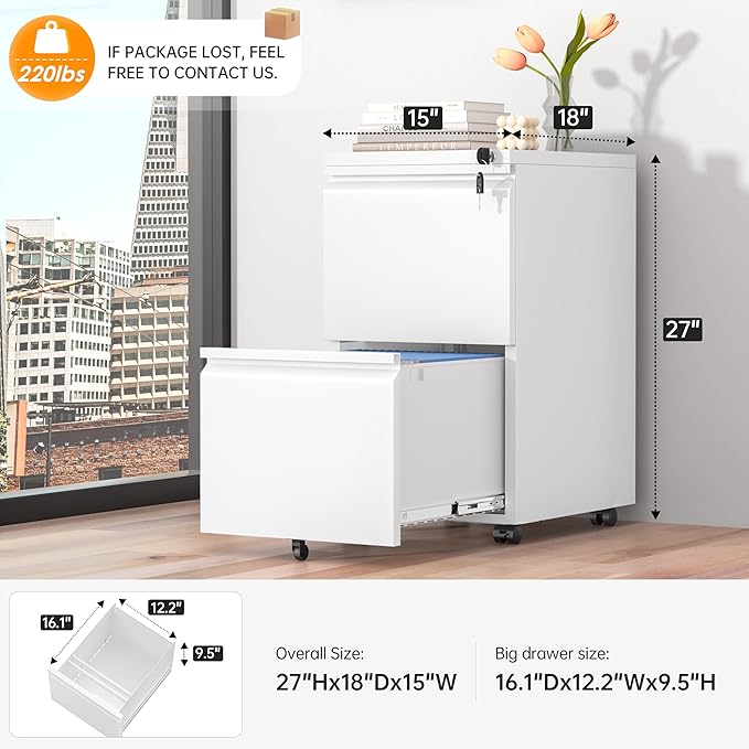 INTERGREAT 2 Drawer File Cabinet with Wheels, Metal Filling Cabinet with Lock, Locking Office Mobile Cabinet with Wheels for Legal/Letter Size, Under Desk, Easy Assemble, White
