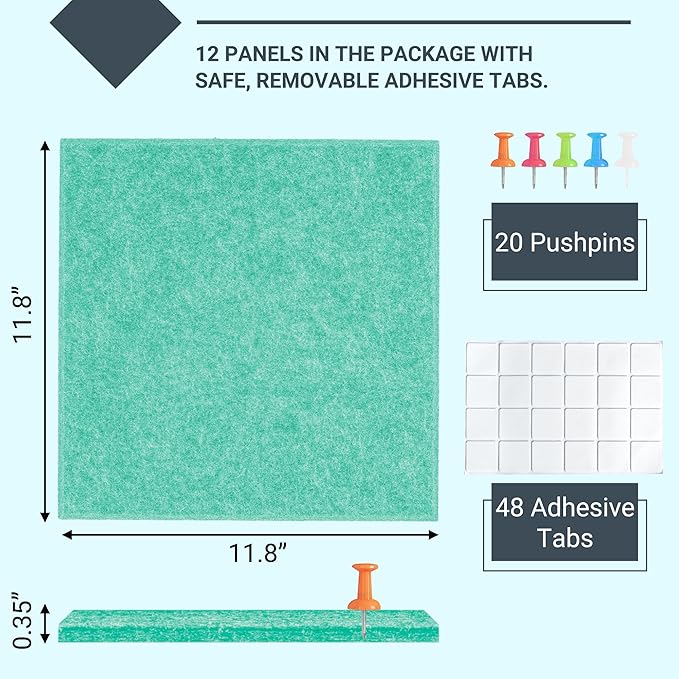 AKTOP Cork Board Bulletin Board 47"x35", 12 Pack Removable Felt Cork Board Tiles for Wall, Large Corkboard Notice Pin Board for Office, School & Home, 48 Safe Adhesive Tabs, 20 Push Pins, Lake Blue