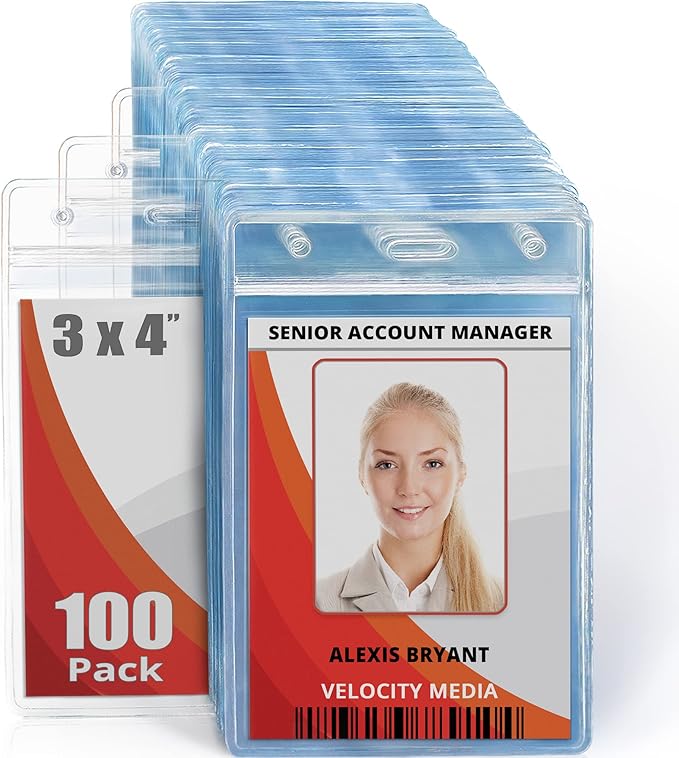 MIFFLIN Large (L) Vertical ID Badge Holders (Clear, 3x4 inch, 100 Pack), Plastic Nametag Covers with Zipper, Name Tag Holder