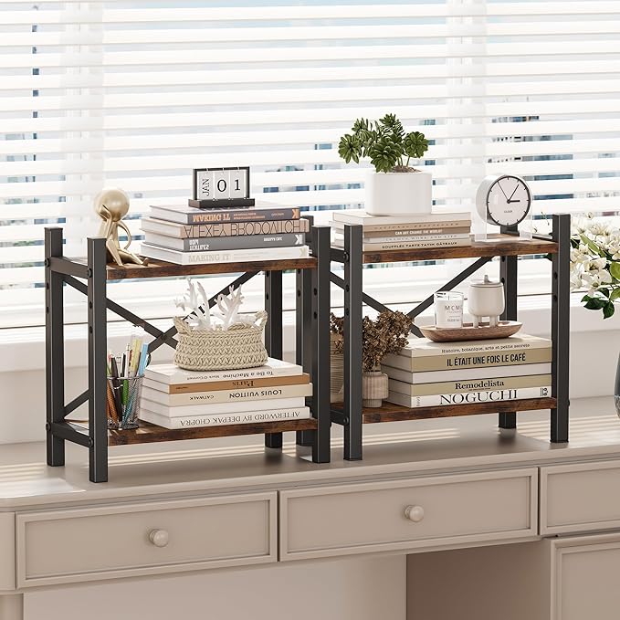 Desktop Bookshelf, 4-Tier Stackable Narrow Bookcase, Adjustable Industrial Desk Organizer & Hutch - Rustic Brown Wood Desktop Book Organizer for Living Room, Bedroom & Home Office