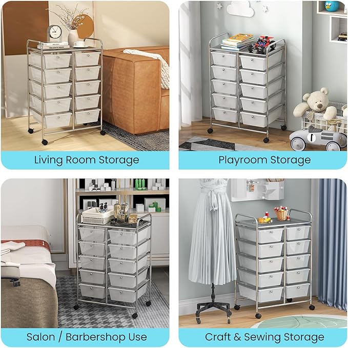 GLACER 10 Drawer Rolling Cart, Storage Cart with Lockable Whieels & Metal Frame, Trolley for Art Craft Oganizer, Mobile Utility Cart for Office, School, Classroom, Kitchen (Clear White)
