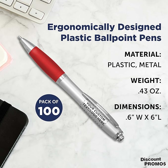 DISCOUNT PROMOS Personalized Ballpoint Pens With Rubber Grip, 100 pack Customizable Ergonomic Click-to-Write Custom Writing Pens for School with Black Ink, Red