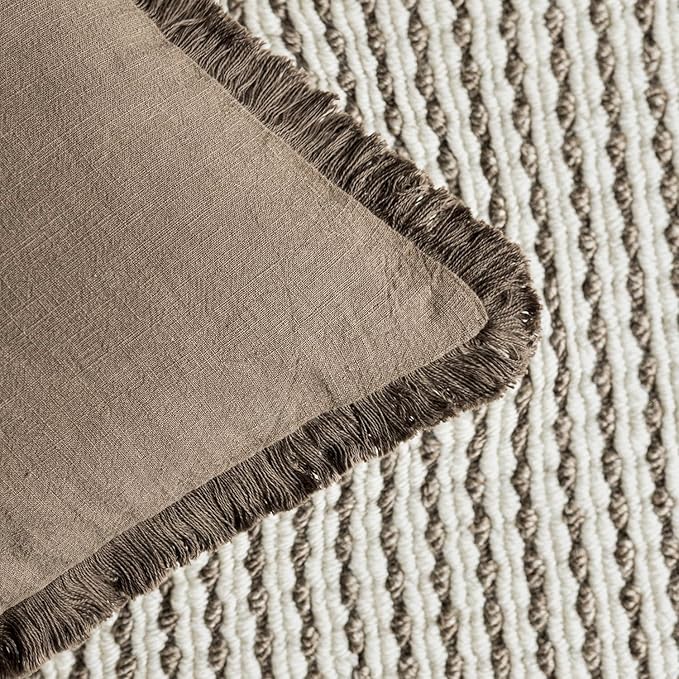 Foindtower Set of 2 Decorative Linen Fringe Lumbar Throw Pillow Covers Boho Farmhouse Cushion Cover with Tassels Soft Accent Pillowcase for Couch Sofa Bed Living Room Home Decor,12×20 Inch,Light Brown