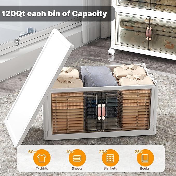 UAMFURI Extra Large Stackable Storage Bins with Lids & Wheels & Door, 672QT-112QT/28GAL*6Pack Foldable Collapsible Closet Organizers, Plastic containers drawers for bedroom Dorm