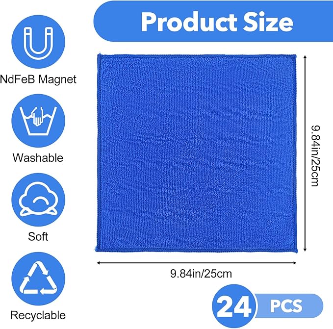 Kifmurase 24Pcs Magnetic Microfiber Cleaning Cloth, Microfiber Dry Erase Erasers, Reusable Cloth Whiteboard Eraser, Multipurpose Cleaning Cloths for Blackboards, Chalkboards, Glassboards, Home