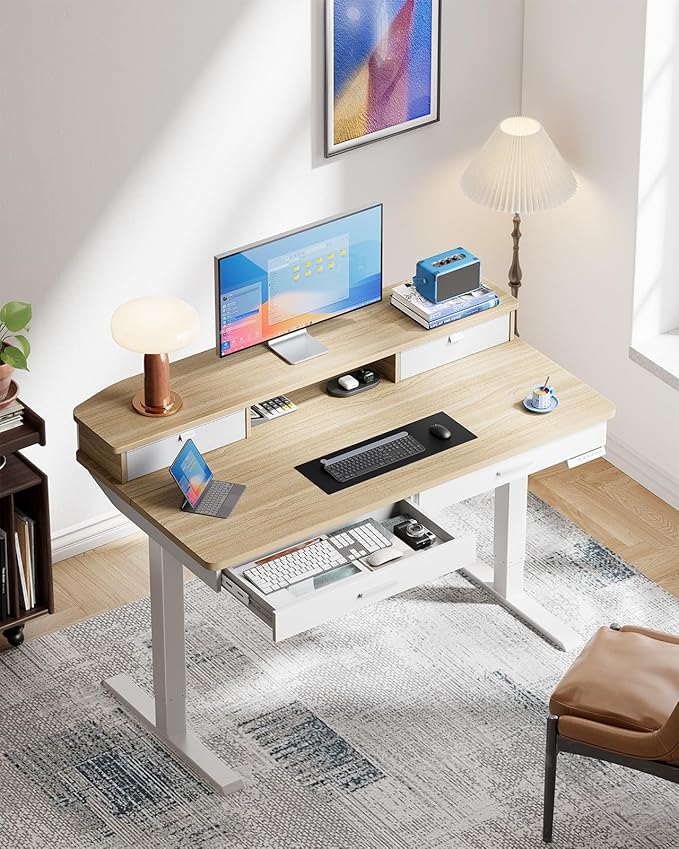 HUANUO 55 x 30 inch Electric Standing Desk with Wood Drawers, Adjustable Height Sit Stand Home Office Desk with Two Tiers, Ergonomic Adjustable Stand up Desk C-Clamp Monitor Mount Compatible, Natural