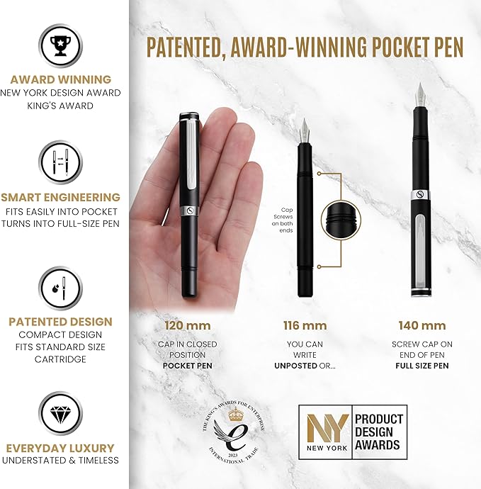 Scriveiner Personalized Luxury EDC Fountain Pen (Medium), Stunning Matt Black Pocket Pen, Chrome Finish, Schmidt German Nib, Best Engraved Fountain Pen Gift Set for Men & Women, Name Engraving