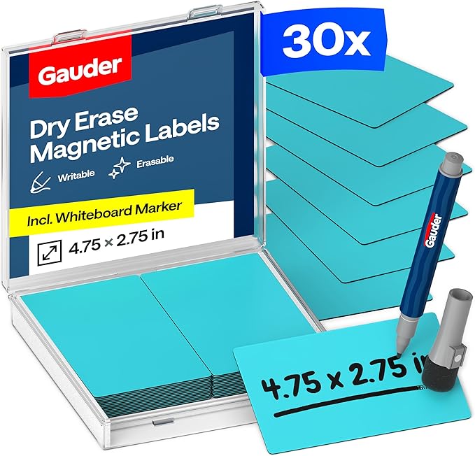 GAUDER Magnetic Dry Erase Labels | 30x Magnetic Labels (4,75 Inches x 2,75 Inches) | 30x Dry Erase Magnets for Classroom, Whiteboard and Blackboard