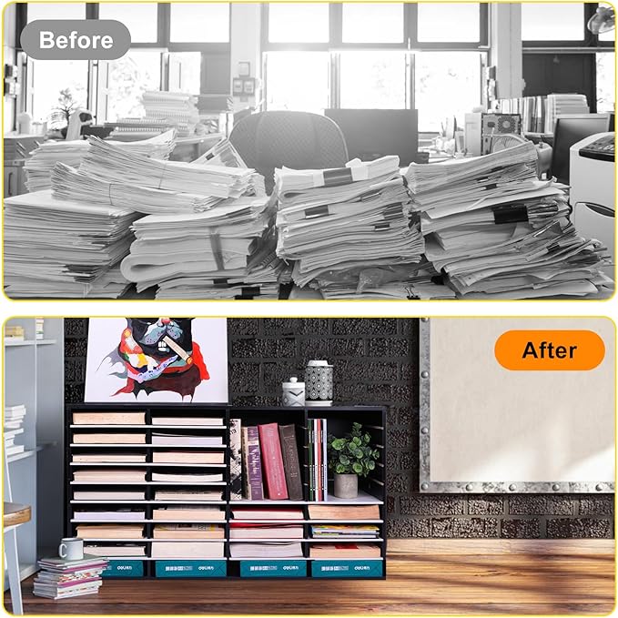 EasyPAG Wooden Literature Organizer with Adjustable Shelves, 36 Compartments Office Paper Organizer Storage 18000 Sheets Letter Size Paper, Student Mailbox for Classroom, Black/White