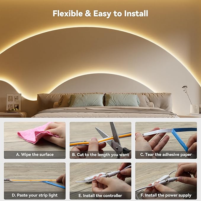 PAUTIX COB LED Strip Lights with RF Remote,32.8ft UL Listed Dotless LED Lights Warm White 2700K,Super Bright Dimmable 24V Adhesive LED Tape Light,Kitchen Cabinets Shelf Mirror Office Bedroom Lighting