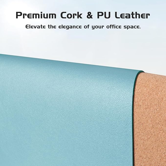 Aothia Double-Sided Desk Pad – 37.8"x17" Leather Desk Mat with Eco Cork Protector, Large Mouse Pad, Waterproof Desk Blotter for Office/Home (Blue Topaz)
