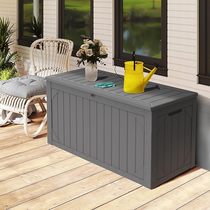 Decksplore 100 Gallon Outdoor Storage Box Waterproof, Lockable Resin Deck Box Patio Storage Bin for Pool Accessories Cushion Furniture, Garden Tools, UV-Resistant Outside Delivery, Grey