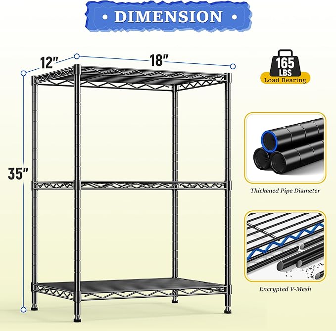 DurayLoly 3 Tier Metal Wire Storage Shelves,Adjustable Small Wire Shelving Unit,Utility Storage Rack for Kitchen,Bedroom,Laundry Room,Pantry & Office,17.7”Wx11.8”Dx35.4”H,Black