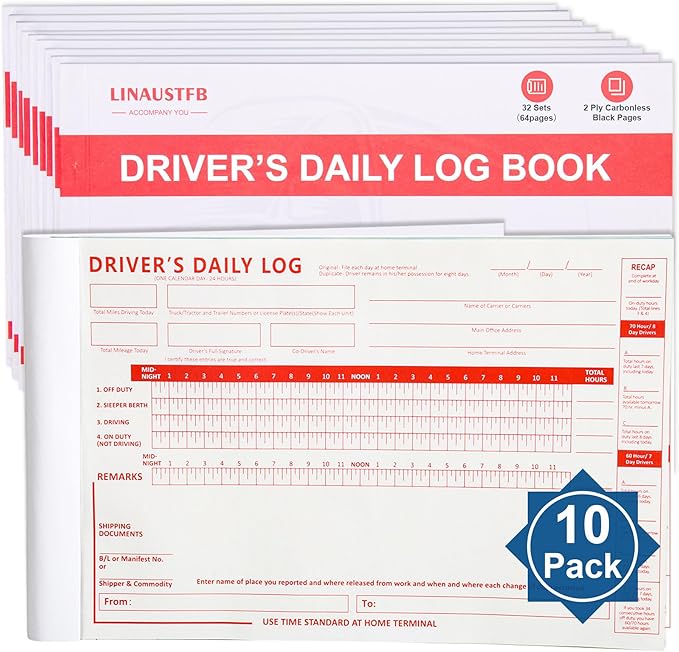 LINAUSTFB 10 Pack Daily Log Books for Truck Drivers with 7 and 8 Day Recap,32 Sets of Forms per Book, 8.5" x 5.5",2-Ply Carbonless Driver Log Book