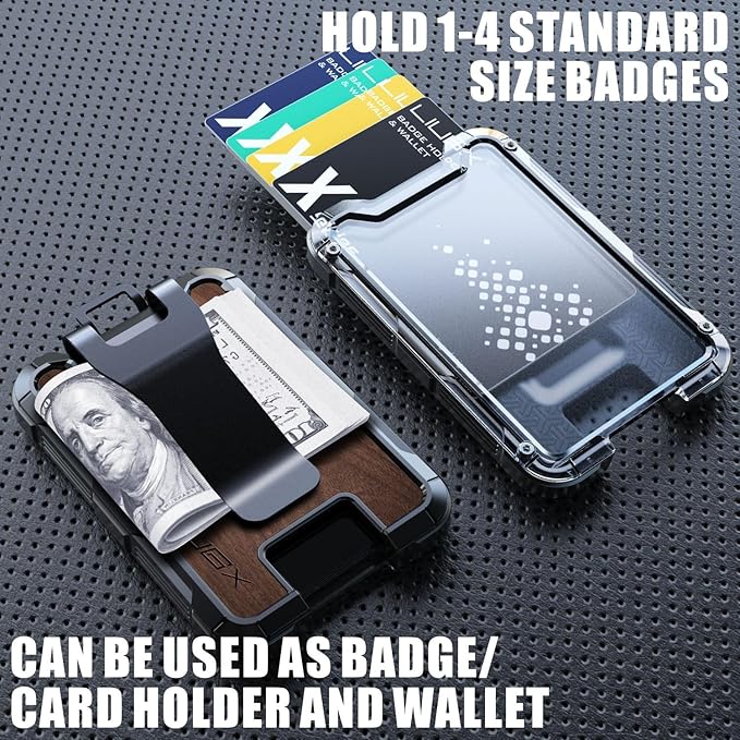 LIUGX Walnut Wood Card Holder/Badge Holder/Portable Wallet with Metal Clip -Rugged ID Credit Card Holder (Holds 1 to 4 Cards) for Office Police Worker Outdoor