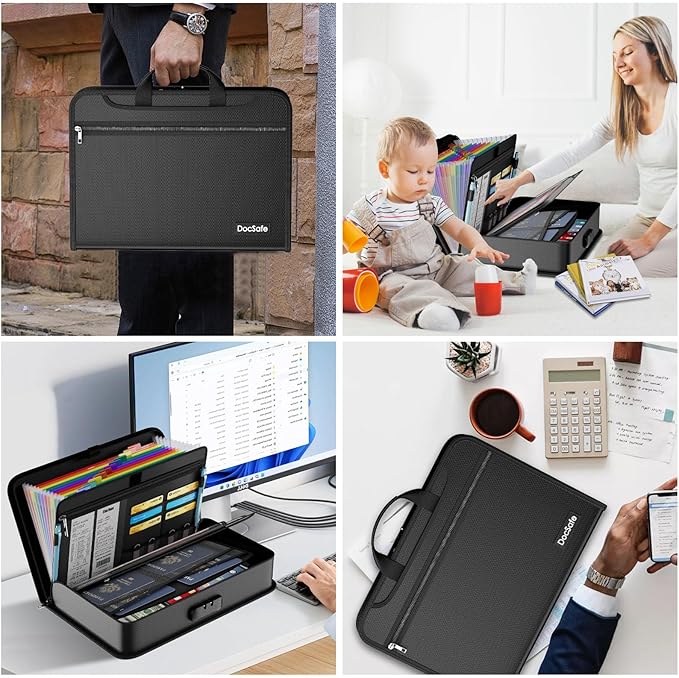 DocSafe Accordion File Organizer Bag with Lock, Fireproof Water Resistant Expanding File Folder with Multi Colorful Pockets,Document Organizer Safe Storage for Important Documents and More, Black