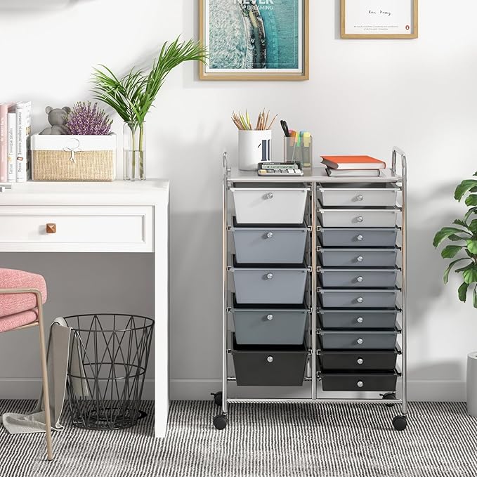 GLACER 15 Drawers Rolling Cart, Storage Cart with w/Removable Drawers & Steel Frame, Multipurpose Organizer Cart w/Sleek Handle, Utility Cart on Lockable Wheels for Home, School, Office (Grey)