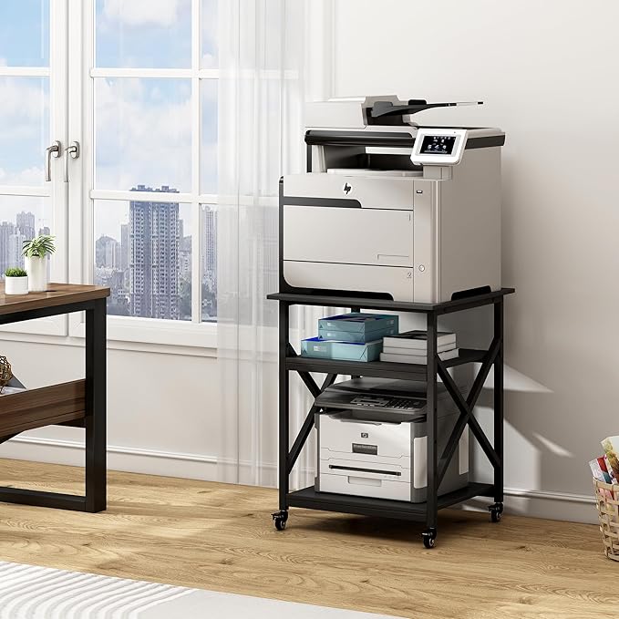 Fannova Printer Stand, 23.6 x 23.6 x 30.1 Inches Large Square Printer Table with Height Adjustable Storage Shelf, 3 Tier Rolling Printer Cart with Industrial Wheels for Home Office - Black