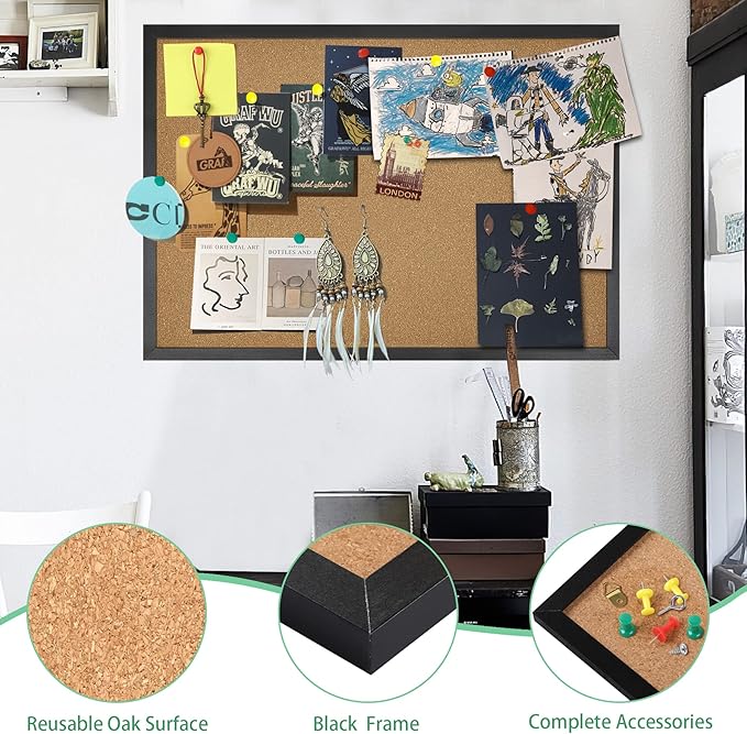 FEBSNOW Cork Board Bulletin Board 23 x 15.7Inches with Rectangle Black Frame Hanging Pin for Walls Office Message Board or Vision Board Decoration