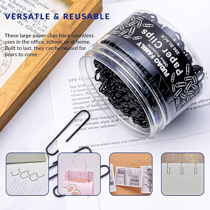 Large Paper Clips, 2 Inch Black Paper Clip, 200 pcs Jumbo Paperclips