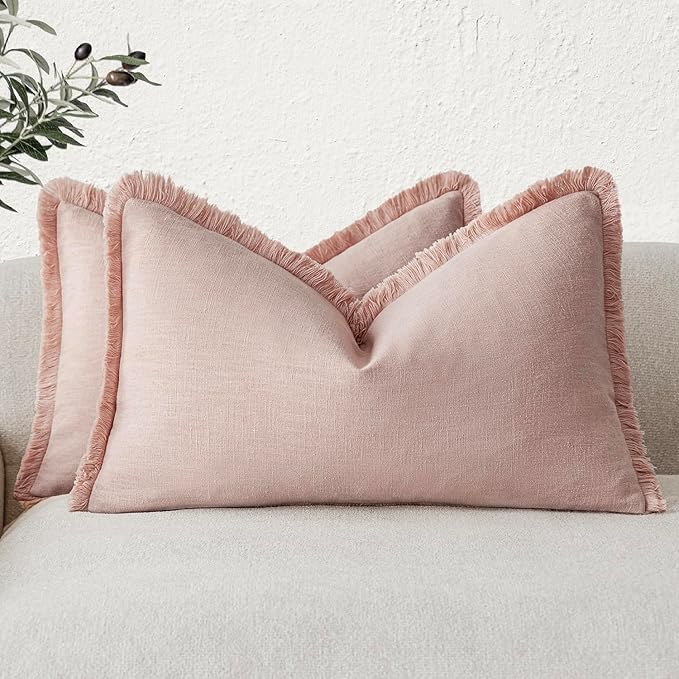 Foindtower Set of 2 Decorative Linen Fringe Throw Pillow Covers Farmhouse Cushion Cover with Tassels Lumbar Accent Pillowcase for Bed Couch Sofa Living Room Home Bedroom Decor,12×24 Inch,Light Pink