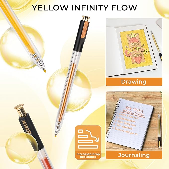 ZSCM Retractable Glitter Gel Pens, 12 Colors Large Capacity Yellow Glitter Metallic Gel Ink Pens, 1 mm Fine Point Smooth Writing Color Pens for Adult Coloring Book Note Taking Aesthetic Art Supplies