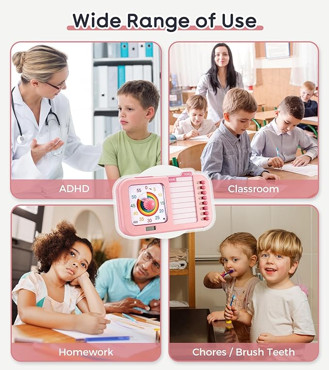 3-in-1 Visual ADHD Timer for Kids & Adults with Planning Board, Task Timer, Chore Chart & Visual Schedule Planner, Autism & ADHD Tools with Checklist for Homeschool Supplies, Home, School (Pink)