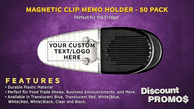 50 Magnetic Memo Holders Set - Customizable Text, Logo - Large Clip, Plastic - Clear
