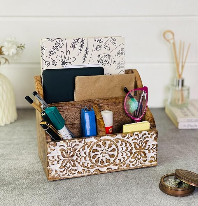 Wooden Office Desk Organizer Countertop, Farmhouse Stationary Aesthetic Organizer for Marker, Pen, Remote, Makeup Brush, Art Supplies Accessories, Modern Work Study Drawer Caddy- White Shabby Chic