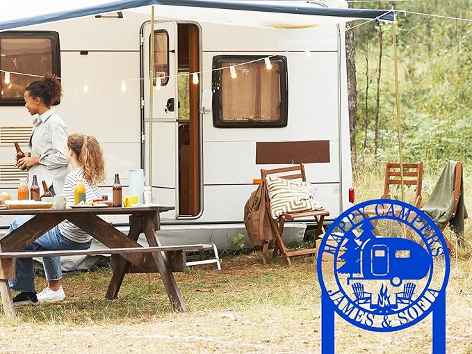 Personalized Happy Camper Metal Sign, Custom Happy Camper Yard Sign, Hanging Camping Sign, Camper Decor, RV Decor, Custom Campground Sign, Personalized Campground Gift