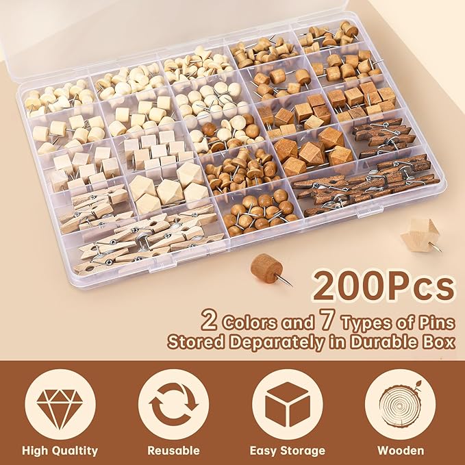 GOOLADA 200Pcs Wood Push Pins 7 Types and 2 Colors Wood Tacks Cute Push Pin Thumb Tacks for Decorative Wooden Push Pins for Cork Board Cute Pushpins for Bulletin Board Prayer Board Supplies for Women