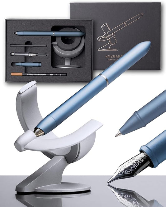 novium Hoverpen Future - Luxury Fountain Pen & Rollerball Pen All-In Gift Box, Schmidt Nib (Fine), Converter, Extra Refill, Aerospace Metal, Best Pen Gift Set for Men & Women (Mist Blue)