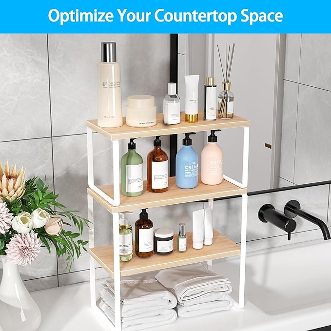 Golener Countertop Organizer Corner Shelf, 2-Tier Adjustable Stackable Corner Shelves for Kitchen, Spice Rack, Coffee Bar, Over Sink, Bathroom, Dresser Table, Corner Counter Shelf Stand, Natural Beige