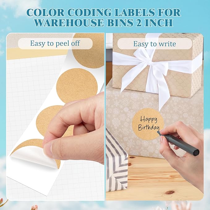 2 Inch Round Color Coding Labels (500 Count) - Kraft Brown Dot Stickers Circle Labels with Dispenser Box for Warehouse, Filing, Industrial, Office Organization