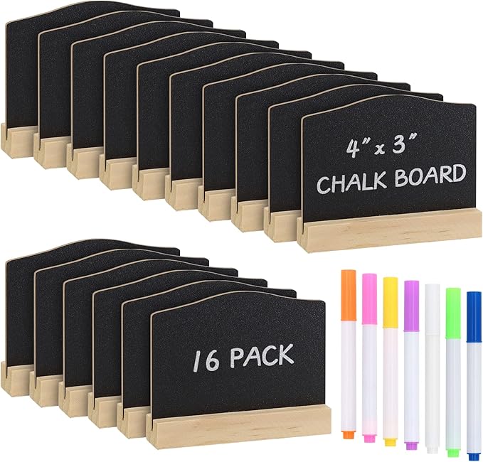 ALOTCHE Mini Chalkboard Signs with Stand, 16 Pack Reusable Wooden Tabletop Chalkboard 4 X 3 Inch, Buffet Food Signs for Party Black Mini Tabletop Sign for Restaurant, Wedding and Bar Countertop