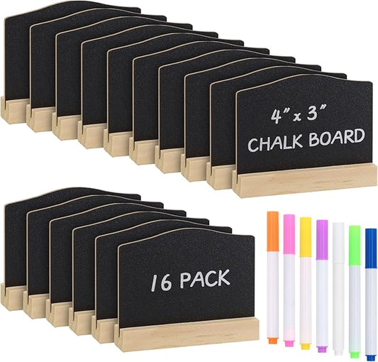 ALOTCHE Mini Chalkboard Signs with Stand, 16 Pack Reusable Wooden Tabletop Chalkboard 4 X 3 Inch, Buffet Food Signs for Party Black Mini Tabletop Sign for Restaurant, Wedding and Bar Countertop