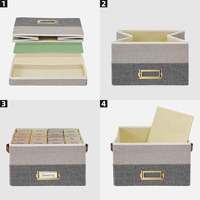 Vienrose Greeting Card Organizer Box with 20 Removable Dividers, 84 Self-Adhesive Labels, Foldable Storage Box Great for Greeting Cards, Photos, Envelopes, Stickers, Postcards Light Grey&Dark Grey